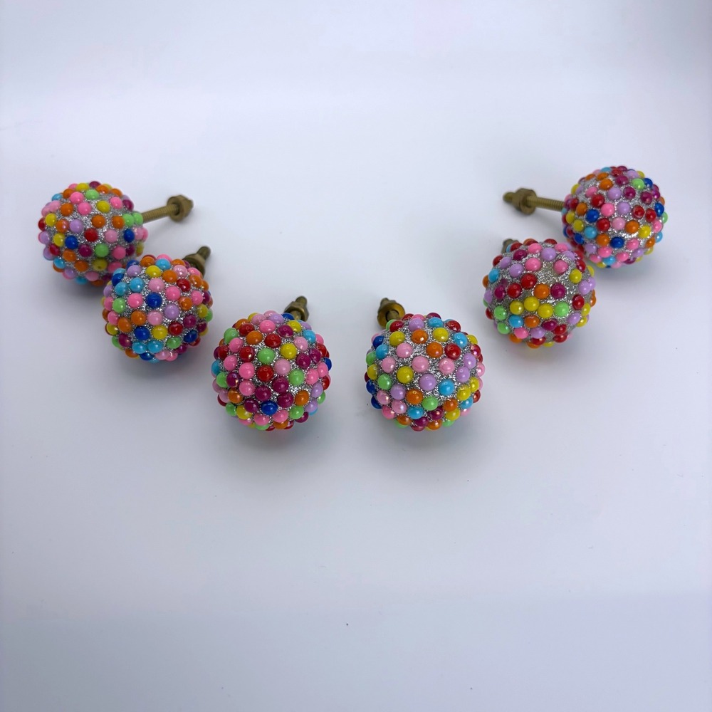 Set of 6 Multicolor Rainbow Resin Bead Glitter Disco Ball Drawer Knobs Pulls